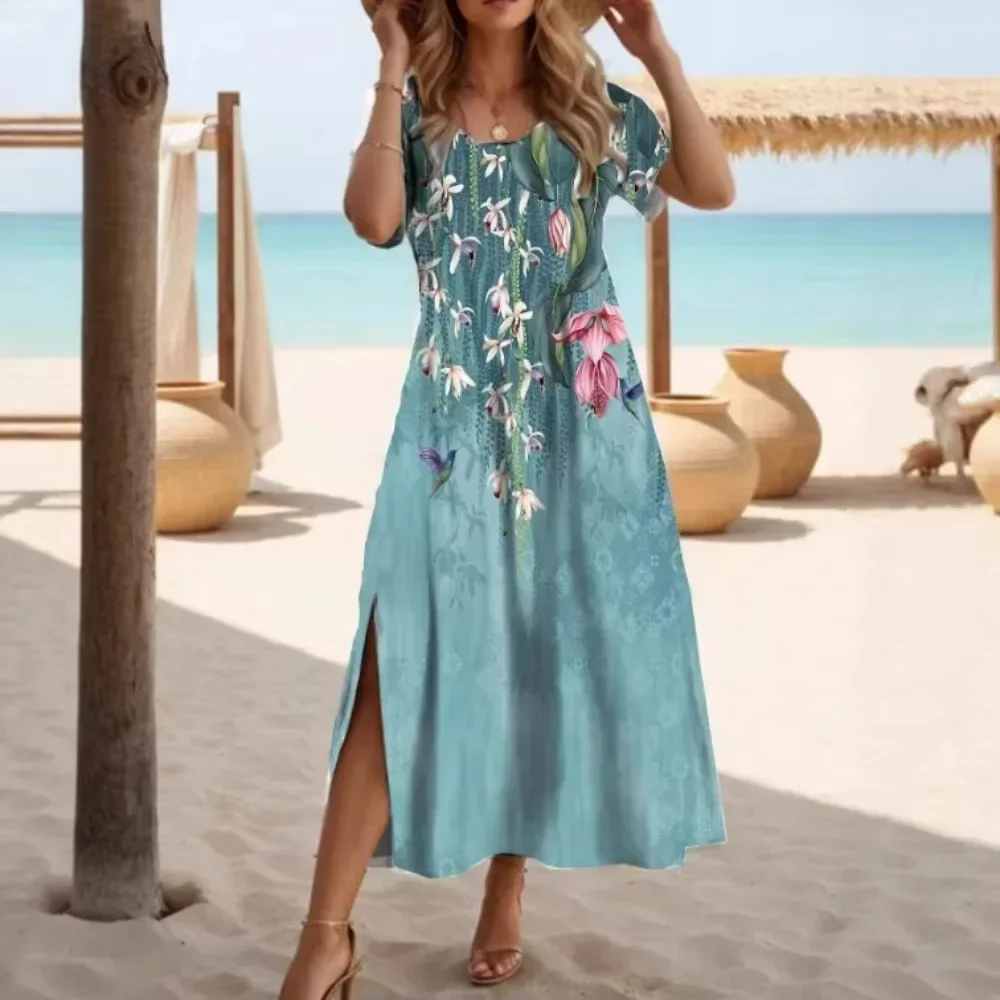 Women Spring Summer Elegant Round Neck Short Sleeve Print Maxi Side Slit Casual Daily Office Vacation Beach Chic Ladies Dress