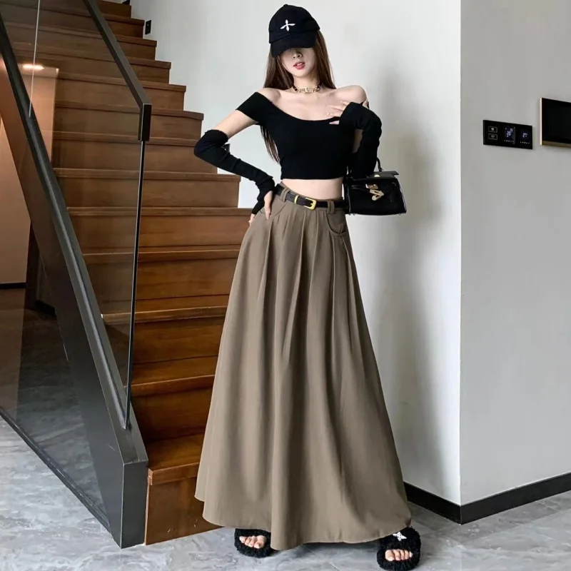 Korea Women Skirt Elegant Flared A-Line Midi Skirt With Pockets Fashionable Solid Color Lady Skirt For Autumn