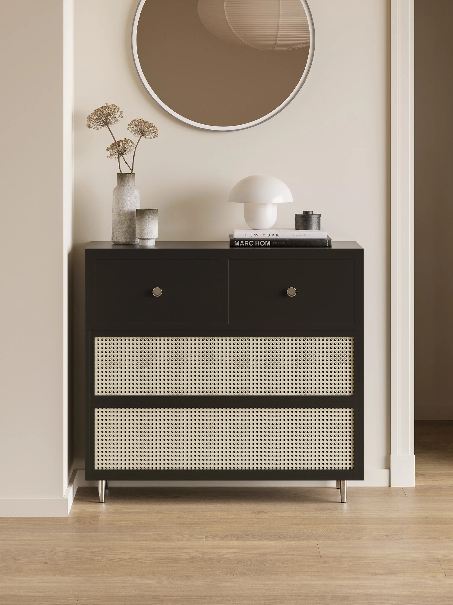 Schwarzer Retro-Rattan-Brust-Seitenschrank, multifunktional