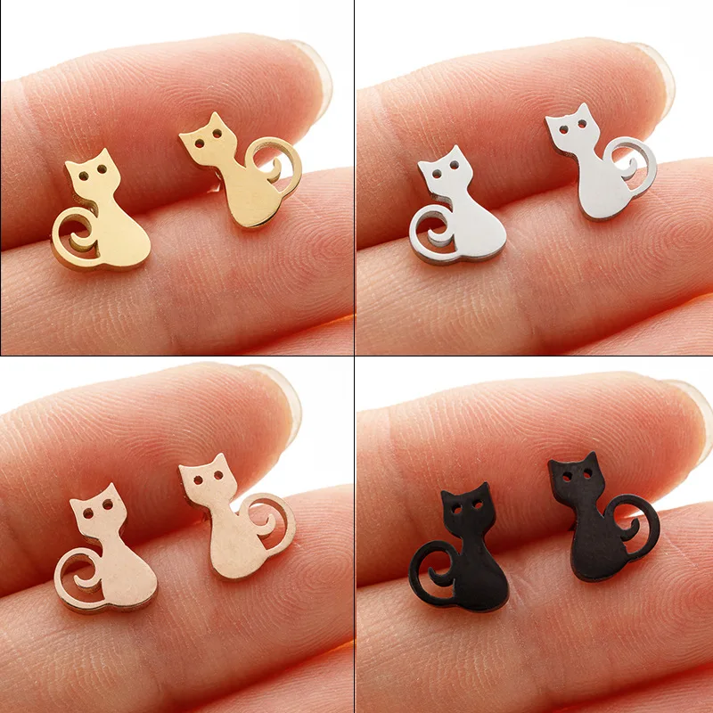 Cross-border new fashion stainless steel cute cat stud earrings men and women cat simple niche mini earbone stud