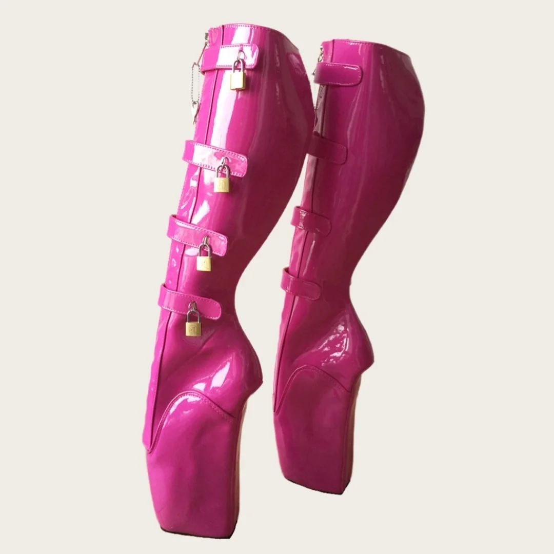 Women's Hot Pink Patent Leather Platform Ballet Heel Boots Buckle Lock Detail Knee-High Design Bold Style for Costume Outfits
