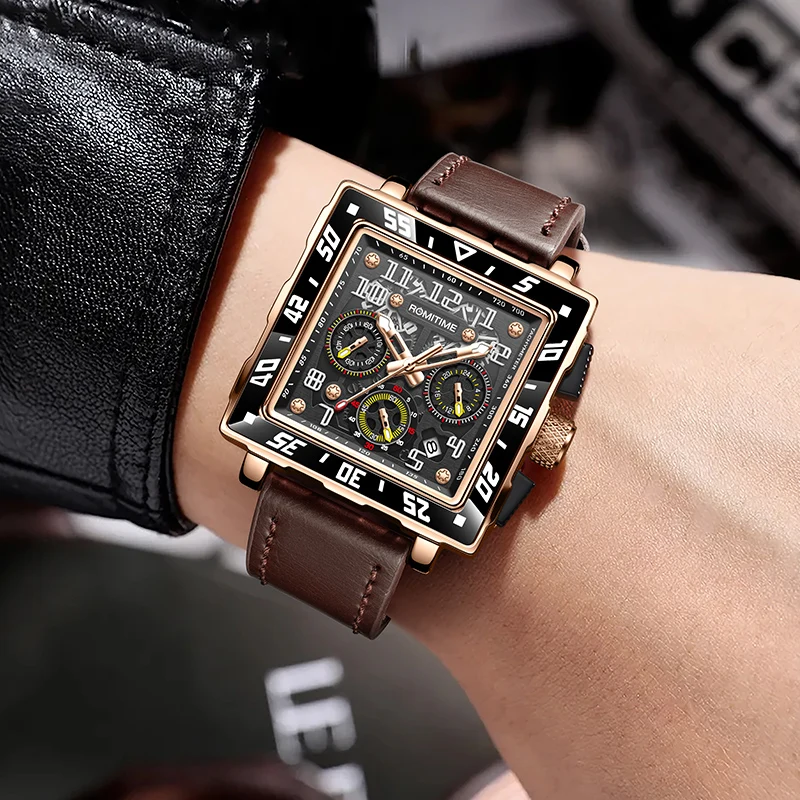 ROMITIME クォーツメンズ腕時計スタイリッシュなスクエアダイヤル発光防水カレンダークロノグラフ高級ファッションカジュアル腕時計男性用