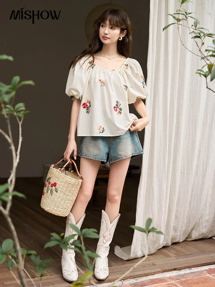 MISHOW Floral Embroidery Blouse for Women 2023 Summer  Korean Chic Puff Sleeve Square Collar Sweet Pullover Loose Top MXC38X0092