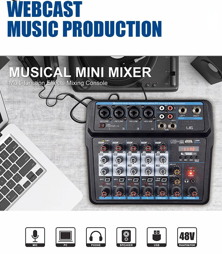 Micfuns U6 6-Kanal Professional USB Bluetooth Audio DJ Mixer Konsole für Bühne Musik Leistung Aufnahme Karaoke System