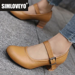 SIMLOVEYO New Retro Women Pumps Round Toe Block Heels 5cm Buckle Strap Large Size 46 47 48 Classic Female Daily Mary Janes Shoes
