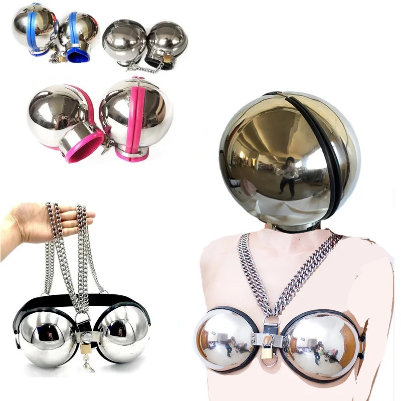 Stainless Steel Round Ball Helmet Bondage Restraint Lockable Hood Cover Fist Mitt Head Hood Adult Slave Sex Toys for Men Women