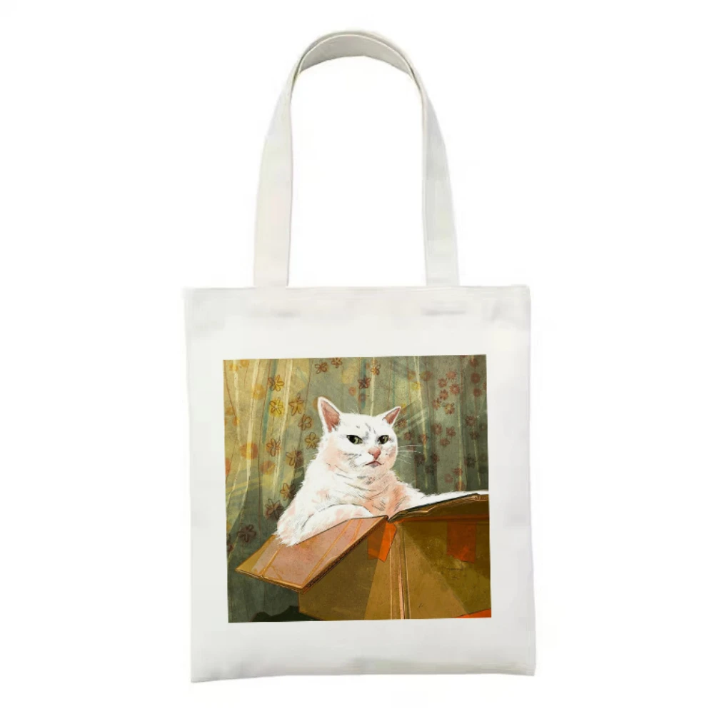 

Reusable Eco-Friendly Shoulder Bag Adorable Cat Oil Painting Art Print Canvas Tote Bag for Work Travel Yoga and Daily Errands