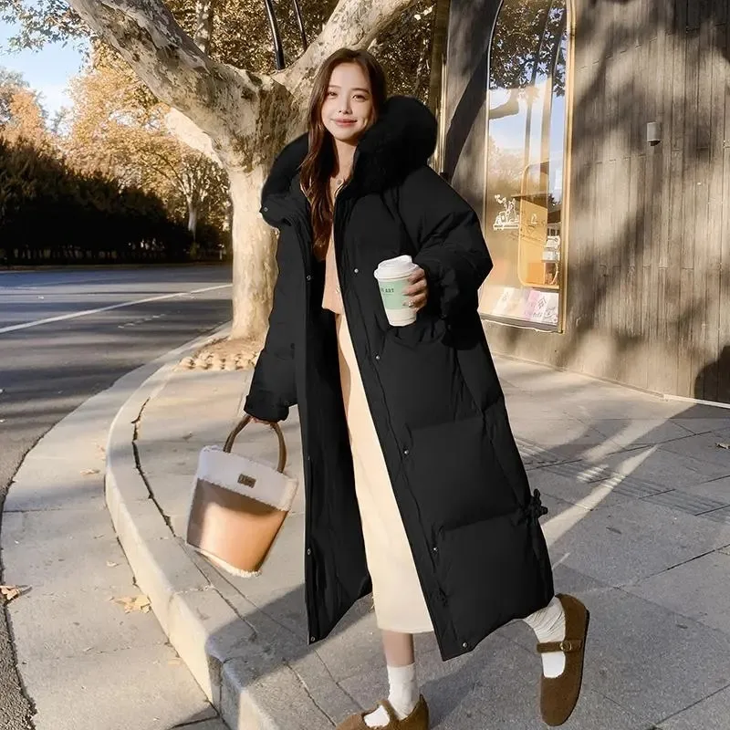 

New Fashion Big Fur Collar Hooded Mid-Length down Jacket Women Winter Parkas Casual Loose Thick Warm Padded Coat Female B1467