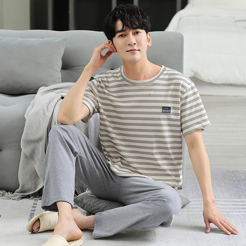 

Men's Home Clothes Summer Striped Cotton Sleepwear Lounge Set Homewear Male Pajamas Set Trouser Home Suit Big Size Pijama Hombre