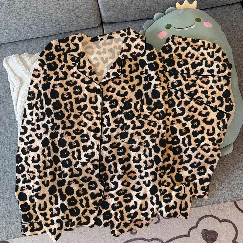 

American Retro Leopard Print Women's 2pc Pajamas Fashion Hip Cool Milk Silk Wrinkled Cloth Lounges 2025 Spring/Fall New Homewear