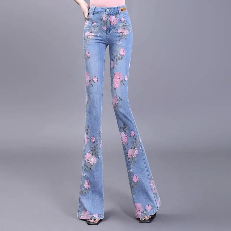 

Streetwear High Waist Women's Fashion Jeans Girls Floral Print Wide Leg Pants Trousers Female Jean Denim Baggy Jeans