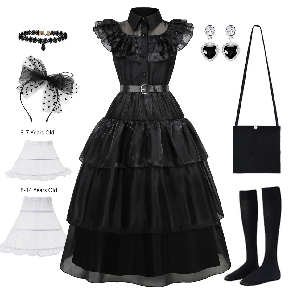 W-Wednesday Costume Addams Black Dress Girls Halloween Cosplay