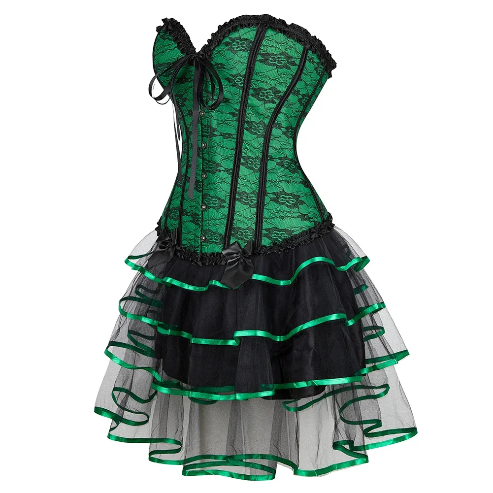 Green Corset Dress Plus Size Tutu Skrits Set Overbust With Lace Costume Party Sexy Burlesque Ladies Basques Outfit Gothic Witch