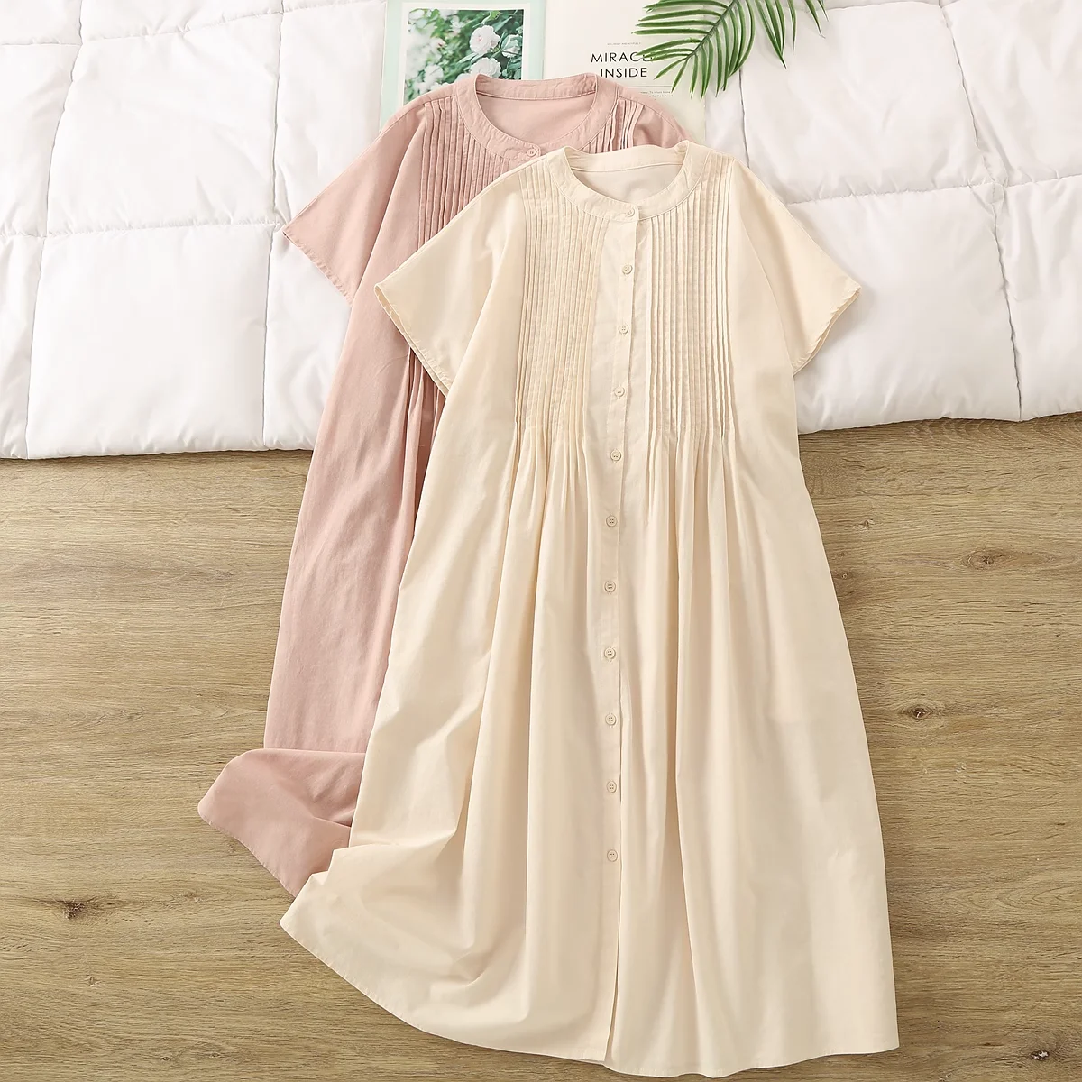 

Plus size women's clothing mori girl summer Japan fashion beige pink pleated long dress pure cotton short sleeve summer dress