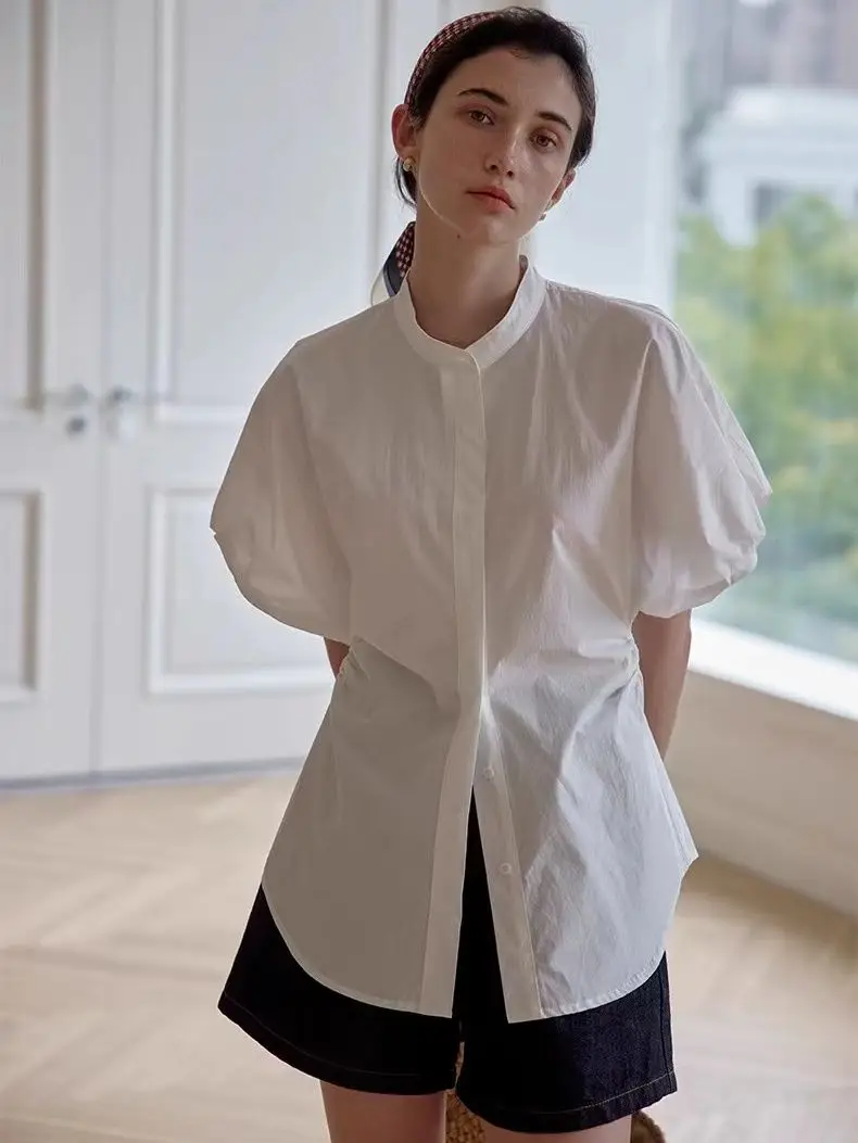 

French White Bubble Sleeve Shirt, Women'S Summer New Design, Lace Up Waist Cinching Shirt