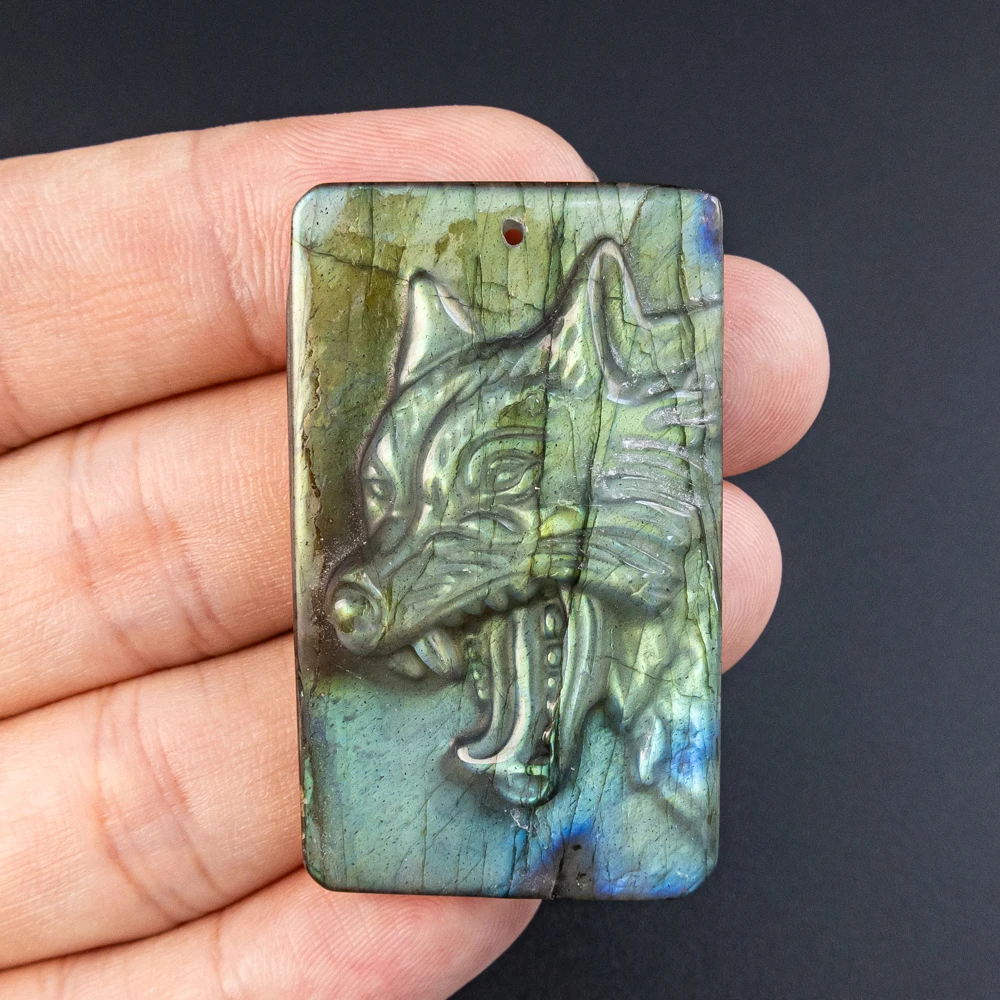 

1 шт., комплект для самостоятельного изготовления ювелирных изделий, часть 48X29X10 мм, синяя вспышка, лабрадорит, кулон, резьба по волку, прямоугольник с отверстием