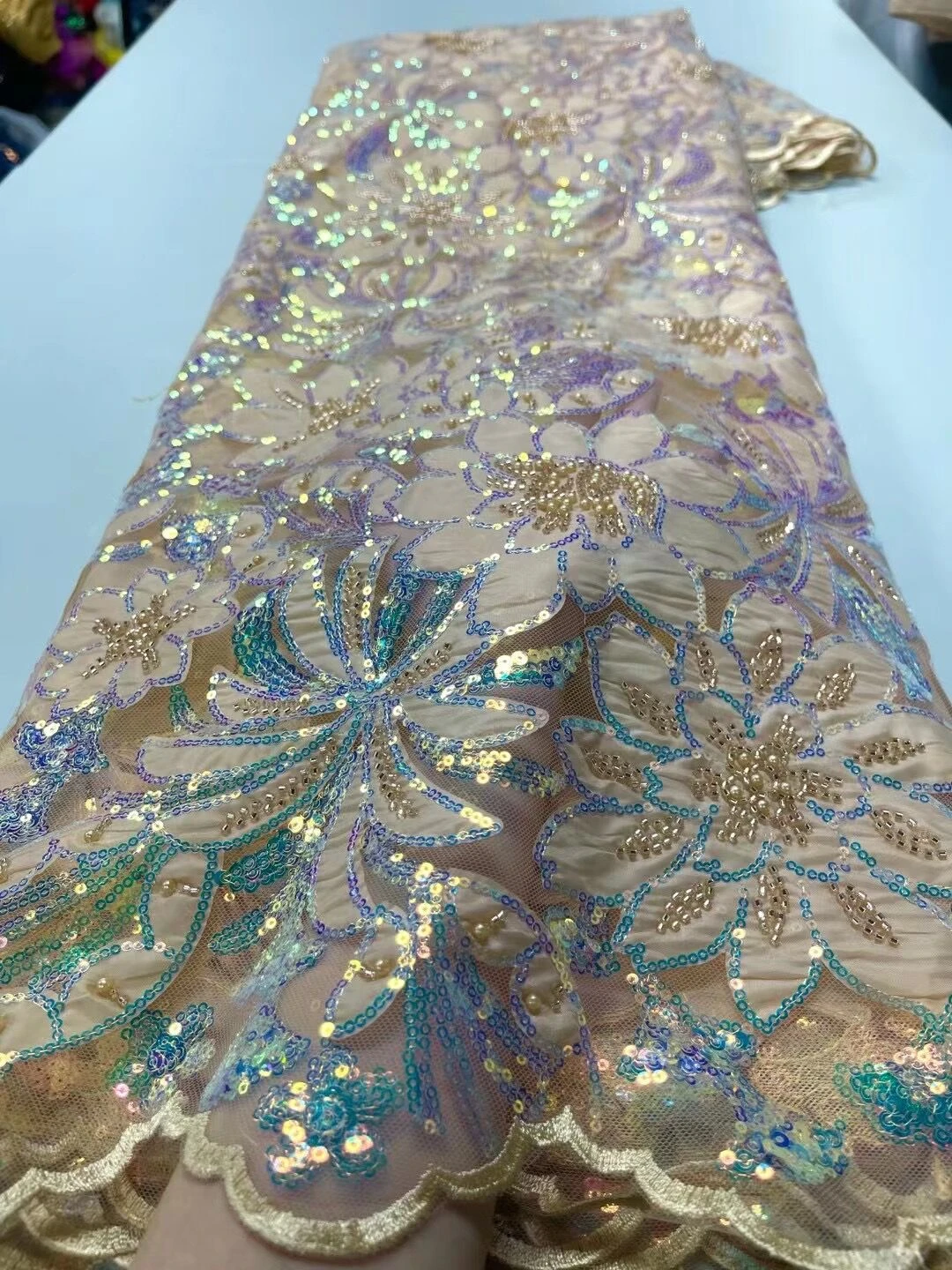 

Latest African Lace Fabrics Beads Sequins High Quality 2023 French Mesh Lace Gold colored Lace Fabric For Wedding Dress JY181