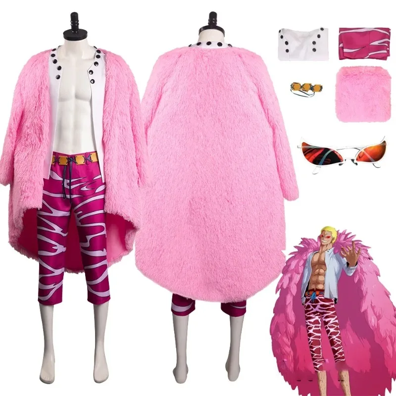 

Donquixote Doflamingo Cosplay Costume Pink Feathered Coat Full Set Yellow Open Shirt White Pants For Men Halloween