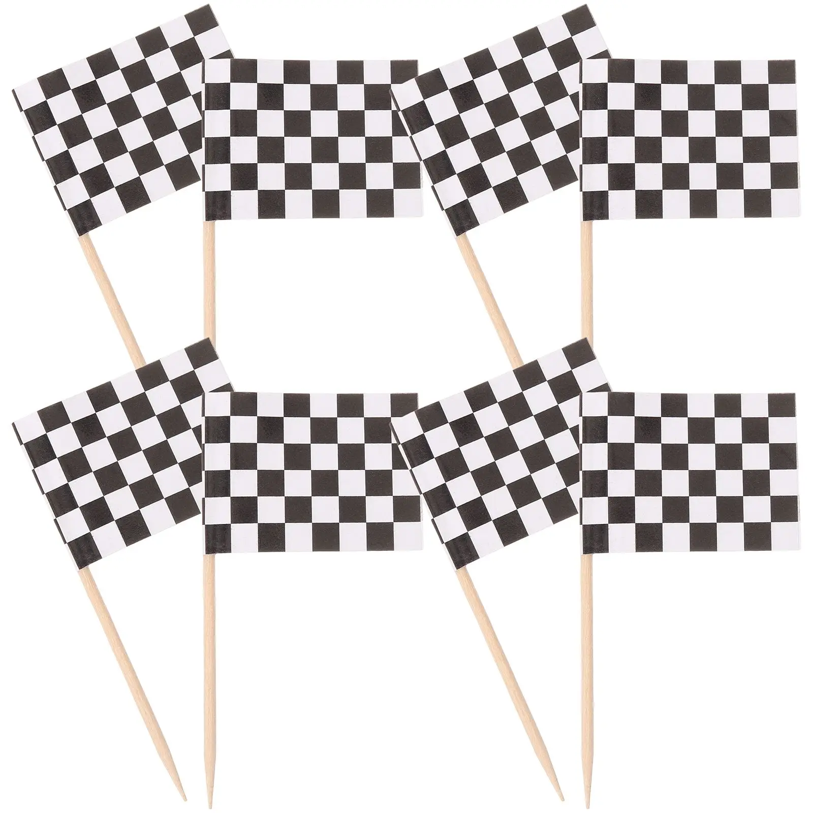 

100 Pack Checkered Flag Picks Wood Toothpicks Cocktail Fruit Skewers Racing Theme Dessert Cupcakes