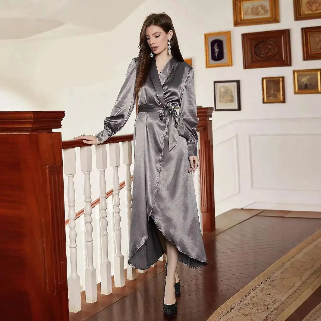 المرأة ربيع جديد نمط رقيقة عادية مريحة الساتان الخامس الرقبة ملابس منزلية طويلة كم طويل الدانتيل فستان صيفي رداء Vestido النساء