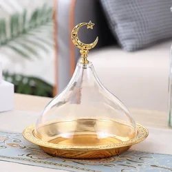 Metal Ramadan Tray with Clear Dome Lid Mini Cake Candy Tray Reusable Dessert Tray Round Food Storage Organizer for Nuts,Candies