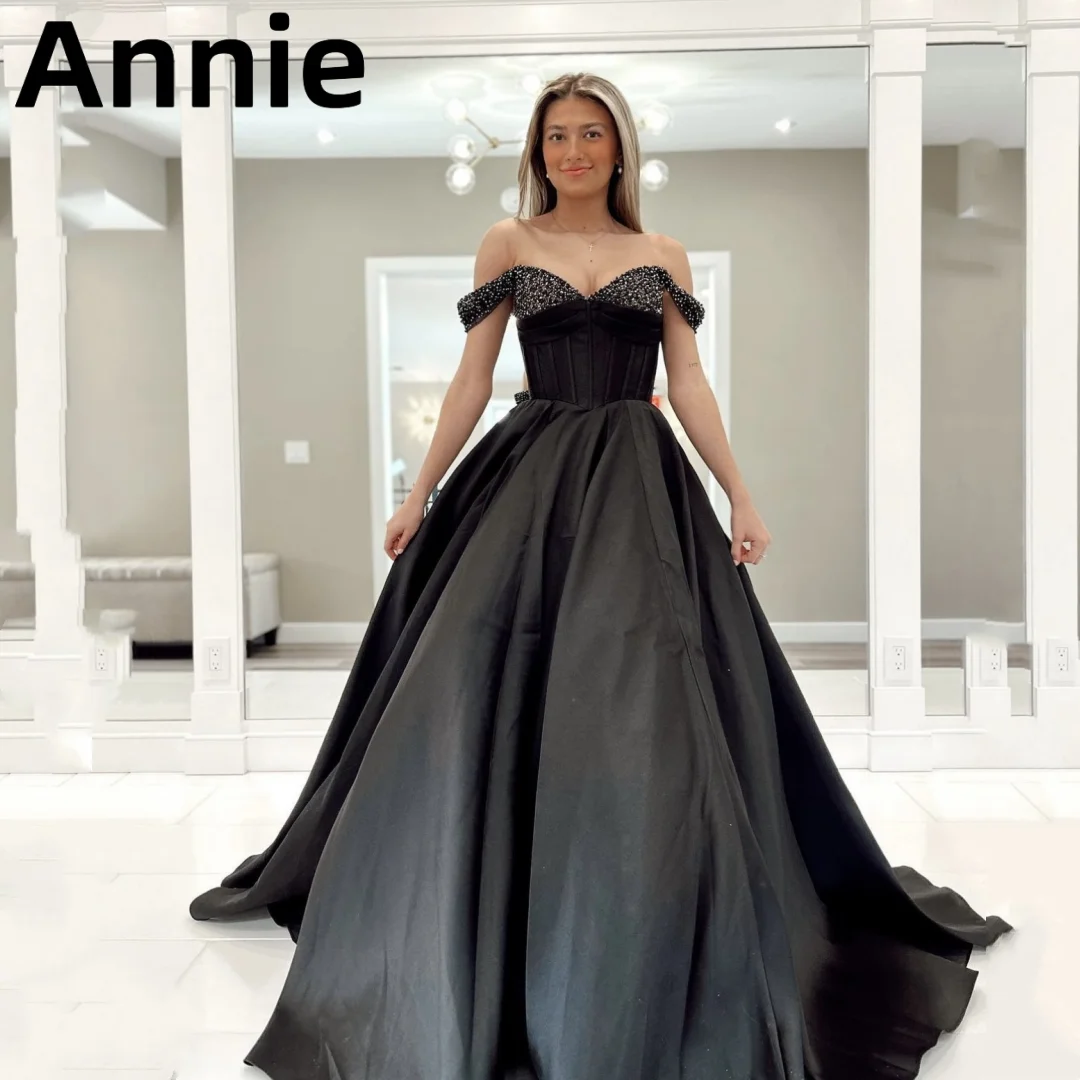 Annie Gorgeous Satin Glitter Prom Dresses Off-the-shoulder Bustier Evening Dress Black Floor Length 2023 Vestidos De Noche