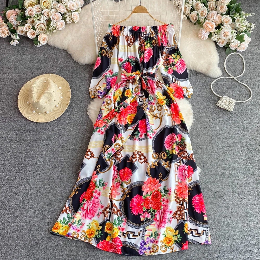 فستان أنيق على شكل حرف a بكتف واحد مطبوع للتخسيس بخصر عالٍ طويل لقضاء عطلة الشاطئ على الطراز الكوري للتنقل مزين بالزهور للخري...