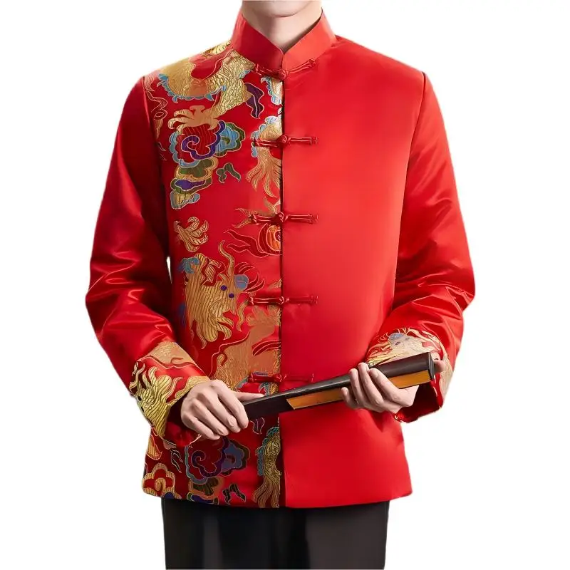 

Traditional Chinese Style Men Red Wedding Coat Stand Collar Satin Tunic Suit Jacket Golden Dragon Jacquard Bridegroom Coat Loose