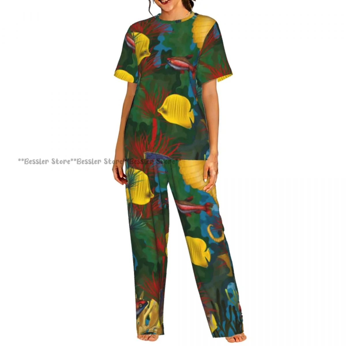 

Комплект пижамы с принтом подводного коня и рыбок, с коротким рукавом, женская домашняя одежда