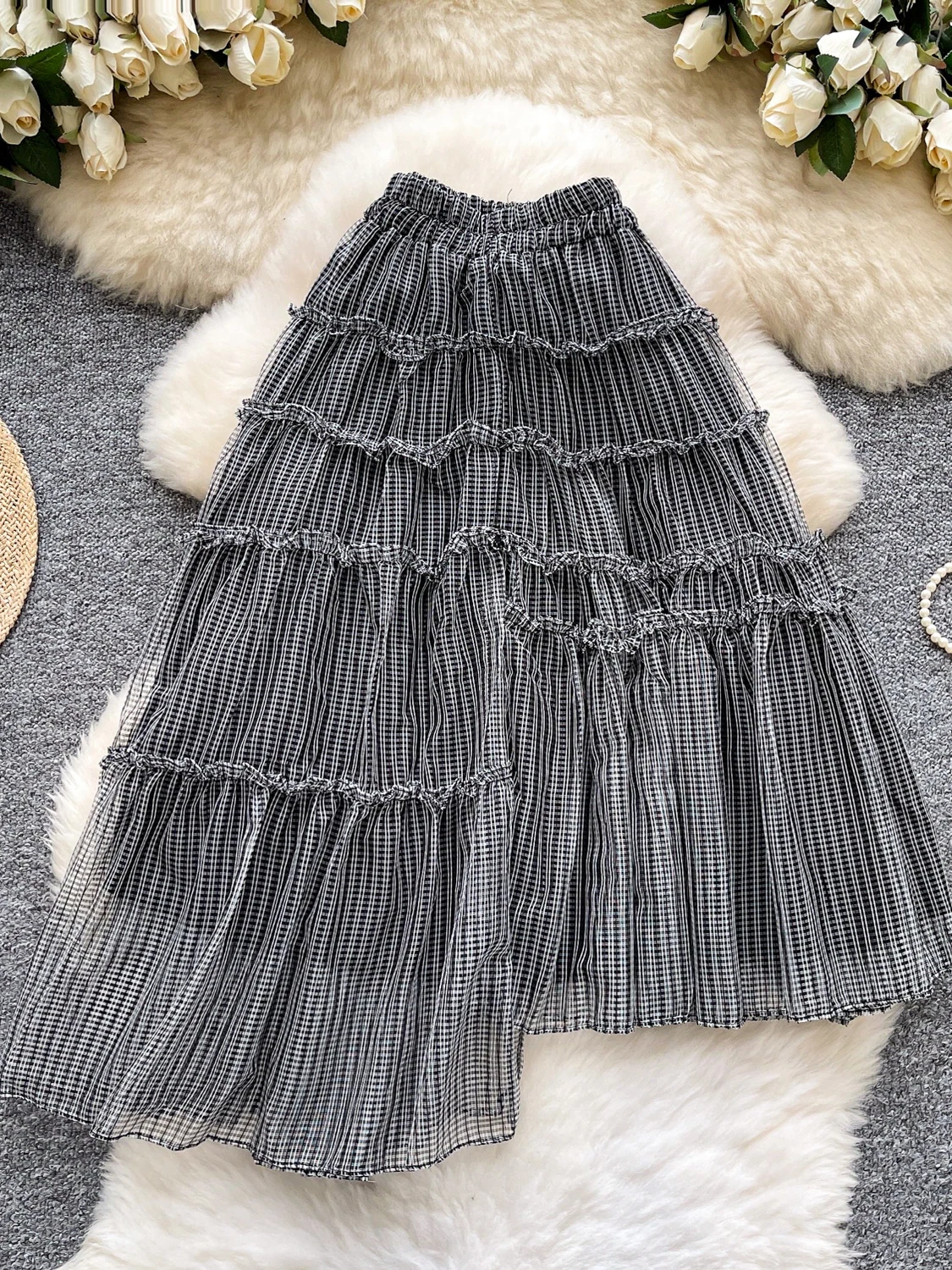 

High Waist Midi Plaid Tulle Skirt Women's A-Line Commuter Korean Sle Ci Scenic Spot Polyester Fiber Stand Fit Summer