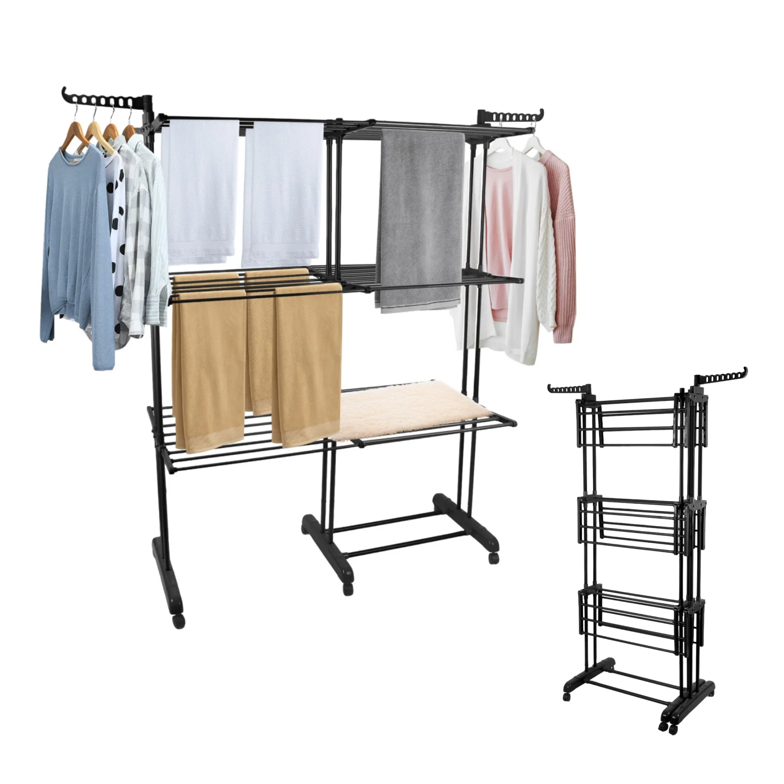 Séchoir à linge extensible, grande capacité, tour de séchage pliable à 3 niveaux, étendoir vertical multifonctionnel pour usage intérieur et extérieur