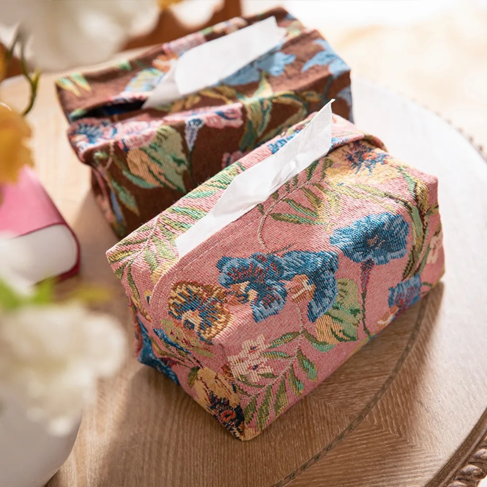 Retro Style Embroidered Tissue Bag Skin-Friendly Breathable Tissue Case Portable Polyester Desktop Napkin Holder Restaurant