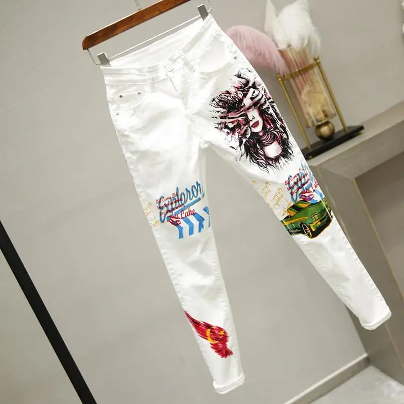 Fashion Zipper Button Pockets Printed Letter Pencil Jeans Female Clothing 2024 Autumn New Loose All-match High Waist Pants