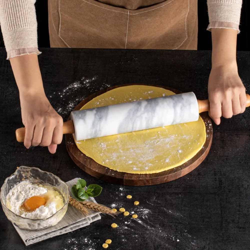 

Durable Wooden Handle Marble Rolling Pin Smooth Surface Nonstick Dough Roller with Storage Base Rolled-out Dough Stick Pie