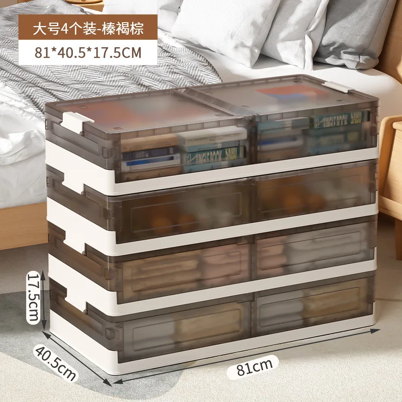 Dustproof, for Clothes, Off-white and Transparent Brown, 4-pack Foldable Under-bed Storage Boxes with Wheels, Plastic