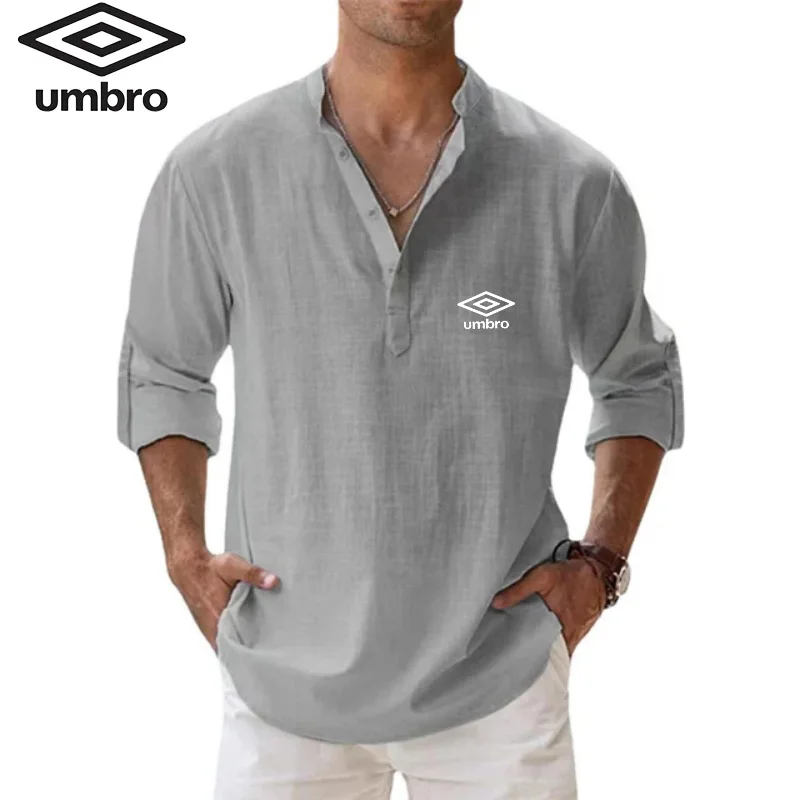 Umbro Brand High Quality Men\'s Spring and Autumn New Long Sleeved 100% Cotton Linen Shirt Business Casual Loose Fitting Shirts