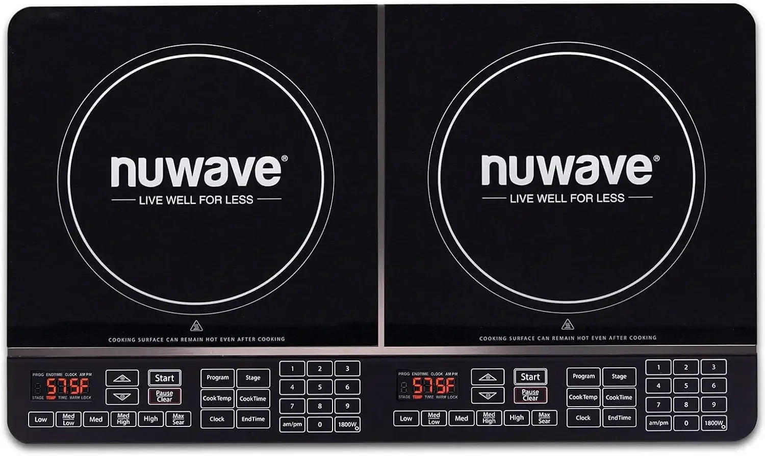 

Double Induction Cooktop, Powerful 1800W, 2 Large 8” Heating Coils, 94 Temp Settings from 100°F to 575°F in 5°F Increments