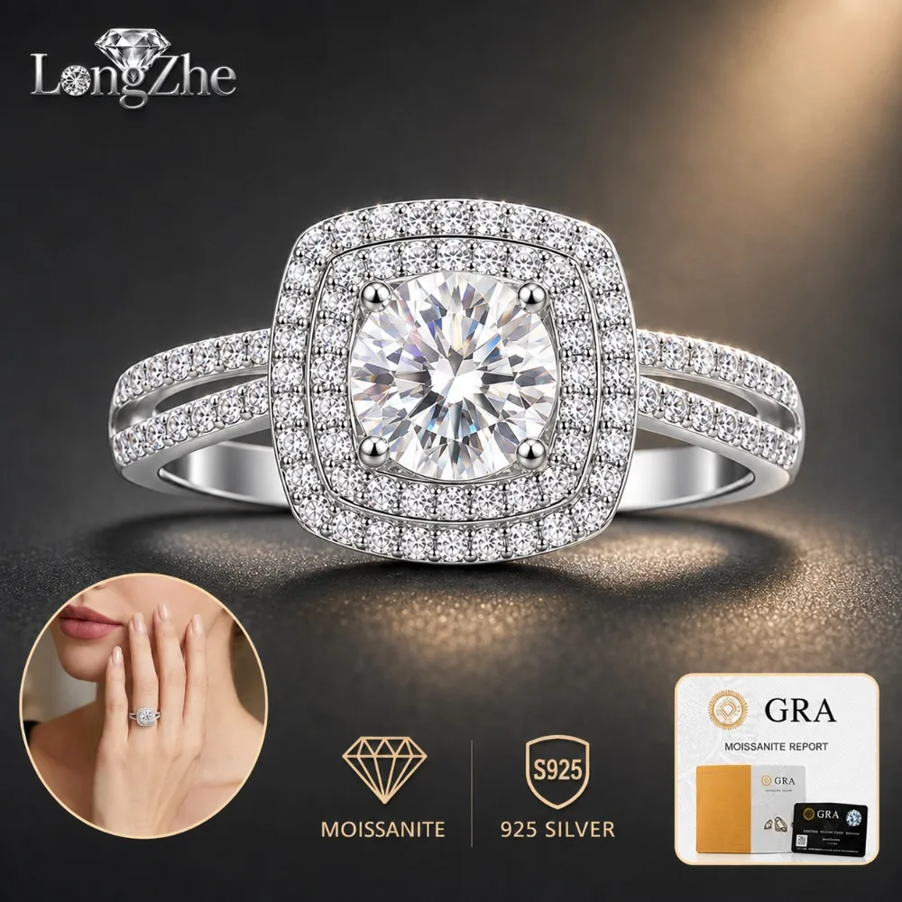 S925 Silver Moissanite Ring 1CT Round Cut Halo Pave Split Shank Ring For Women Wedding Engagement Gift Jewelry