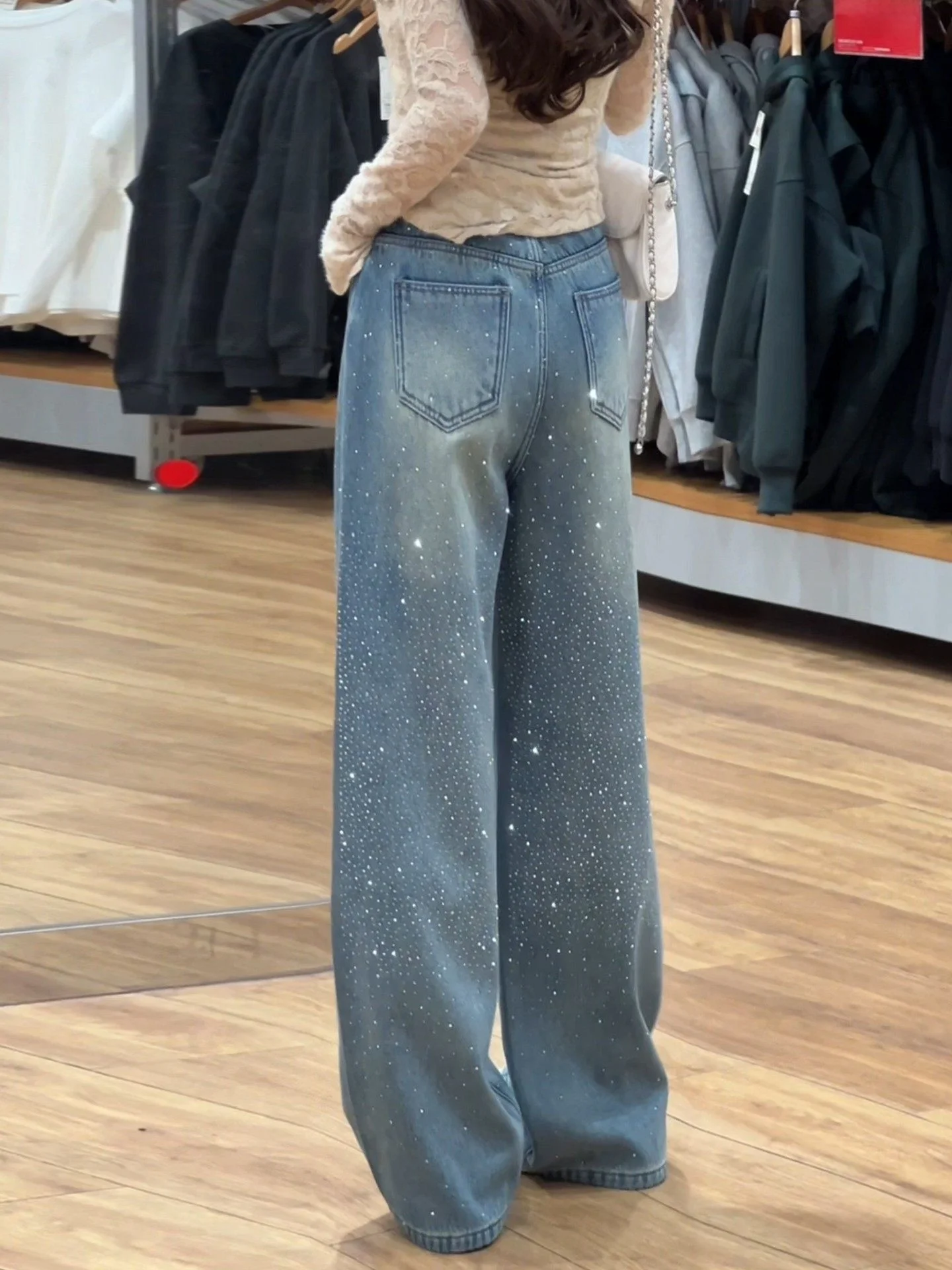 

Blue Wide Leg Fce Lined Loose Fit Straight Cut Jeans Women's High Waist Casual Diamond Embellied Winter New Sle