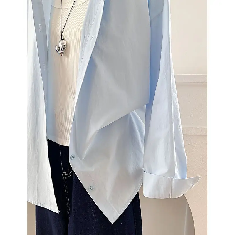 เสื้อคลุมคาร์ดิแกนผ้าฝ้ายสีฟ้าอ่อน แขนยาว สไตล์ลำลองสำหรับผู้หญิง ทรงหลวม เปิดไหล่ สไตล์เกาหลี แฟชั่นฤดูใบไม้ร่วง ใช้งานได้หลากหลาย คอเสื้อหลวม