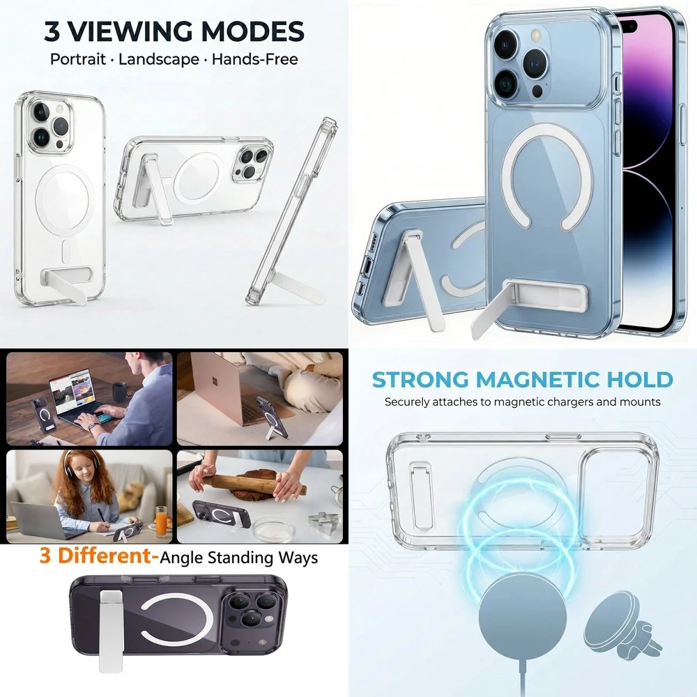Premium Kristallklare Magnetische Hülle mit Klappbarem Ständer und Fallschutz für iPhone 11 12 13 14 15 16 17 Pro Max Plus mini