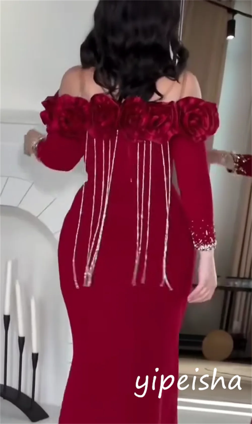 تخصيص كلاسيكي رائع جيرسي مطرزة زهرة البوق خارج على الكتف فساتين طويلة مناسبة مخصصة التألق