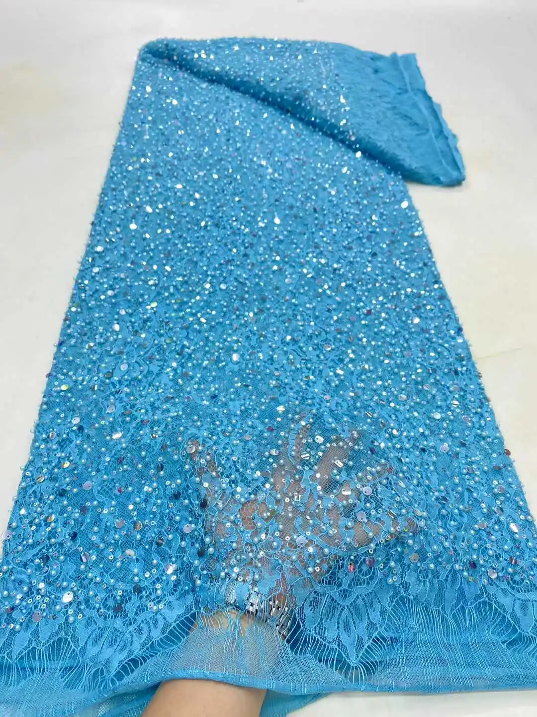

Blue French Mesh Beads Fabrics Lace African 2025 High Quality Nigerian Net Sequins Lace Luxury For Women Wedding Dresses Sewing