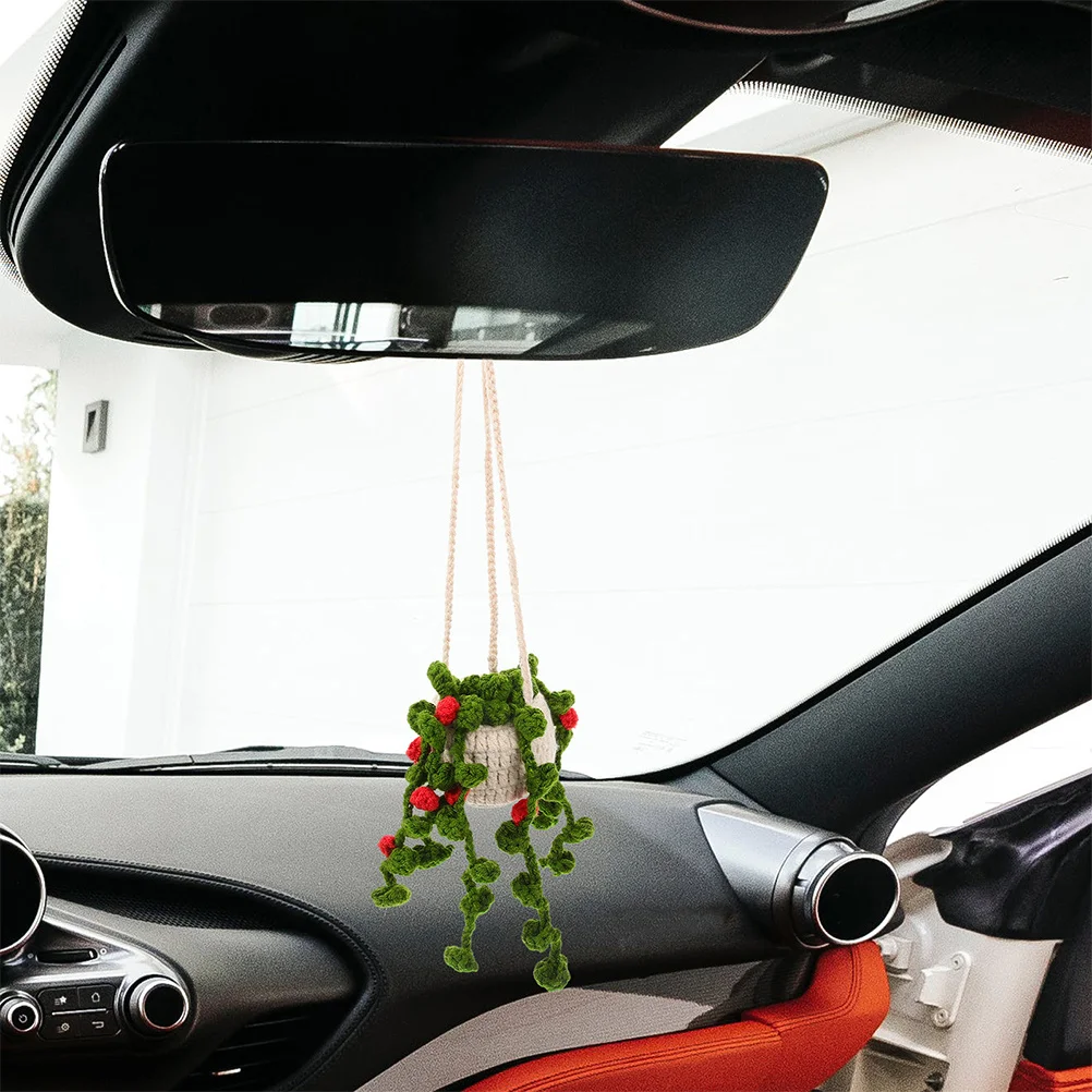 

2Pcs Crochet Hanging Plant Ornament for Car Mirror - Handmade Knitted Car Accessories Interior Aesthetic Decor for Women Drivers