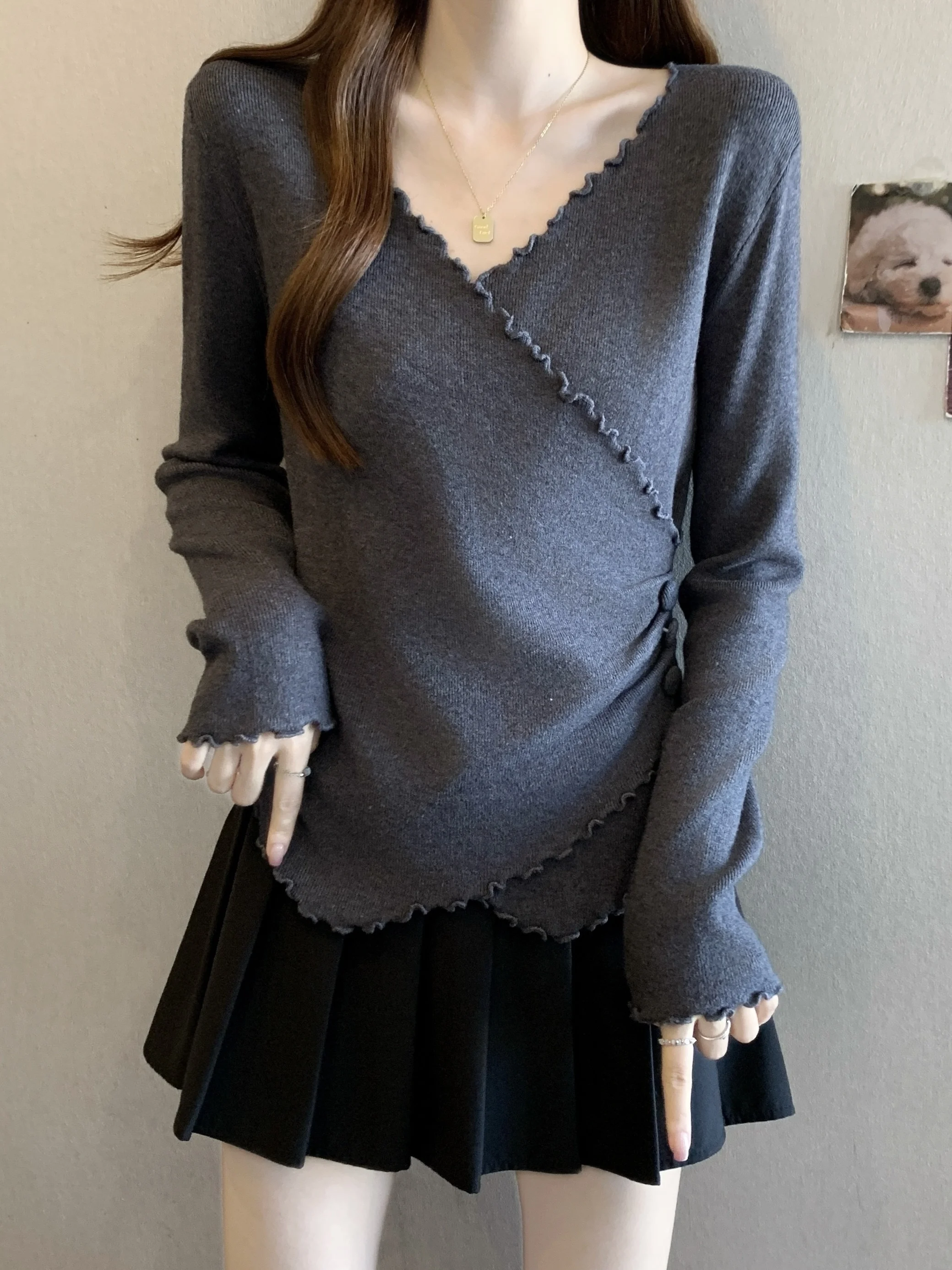 

Ay Вязаный длинный женский топ све V-Ne с завязкой на талии, модный модный топ больших размеров, модный для поездок на работу, зима 2025 г.