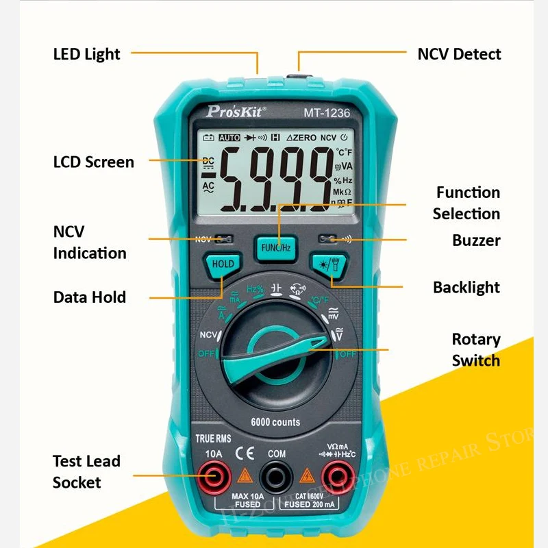 Pro'sKit صحيح RMS مقياس متعدد رقمي ACA ACV DCA DCV نطاق تلقائي كهربائي مقاوم للحرق متر LED الإضاءة MT-1236 3-5/6
