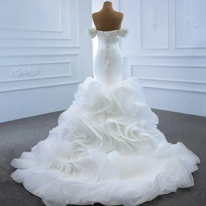 Elegante Organza di raso Ruffles abiti da cerimonia da sera da donna sirena con spalle scoperte pieghe abito da sposa con lacci