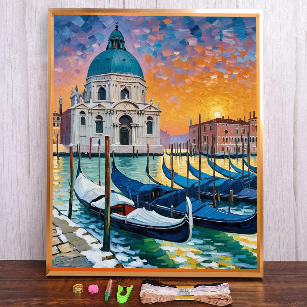 Canal In Venice Pre-Printed Cross Stitch Embroidery Kit DMC Threads Handicraft Painting Knitting Handmade Package Gift Different