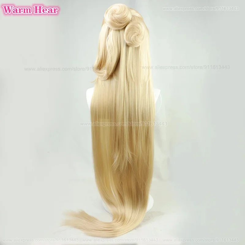 f,5.g'6j/8, Peluca rubia de 120 cm de largo, lisa, con moños dorados, resistente al calor, para mujer, ideal para disfraces + 6;y'4f,9/x.