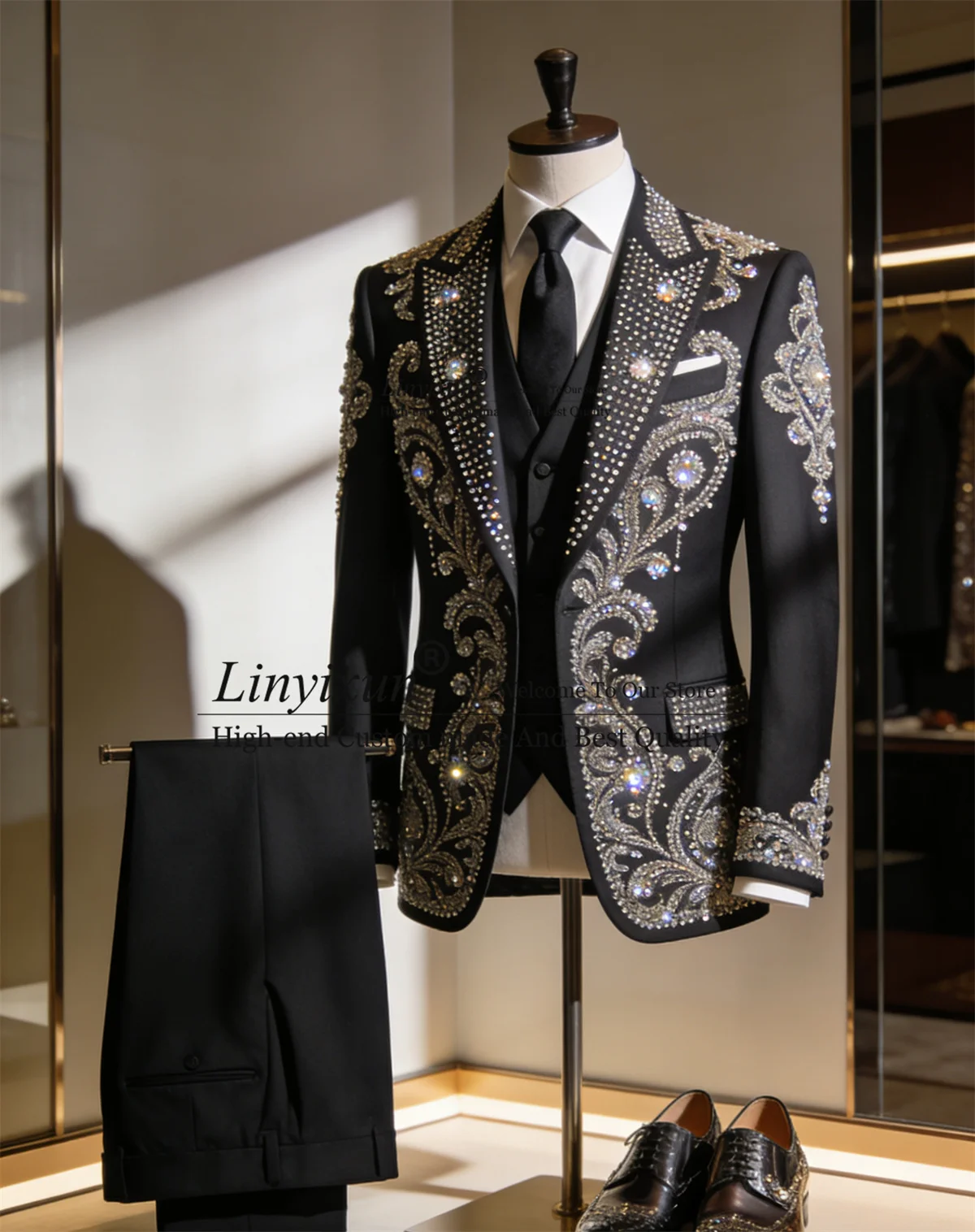 

Роскошные ювелирные украшения, мужской костюм, индивидуальные остроконечные лацканы, вечерние мужские пиджаки для выпускного вечера, комплекты из 3 предметов, свадебная вечеринка, ropa hombre
